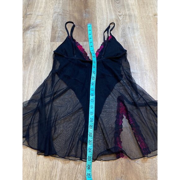 90s/Y2K Fredricks of Hollywood Black Sheer Babydoll Lingerie With Bright Pink Fl - Picture 4 of 9
